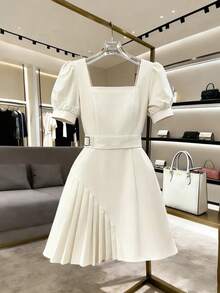 Elenzga Women's Spring/Summer New Arrival Elegant Chic Minimalist Dress, Suitable For Commute, Date, Afternoon Tea, Shallow Peach Petal Sleeve Cinched Waist Pleated A-Line Mini Dress - Apricot - View 1