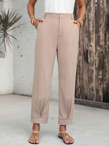 EMERY ROSE 女士休闲褶裥纽扣口袋裤，日常百搭 - 卡其色 - 查看 3