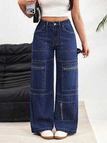 Rivivi 女士休闲水洗直筒牛仔裤 - 藍色 - 查看 1