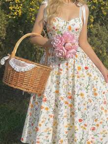 SHEIN MOD 彩色印花系带蝴蝶结喇叭长裙 – 复古宫廷风，梦幻浪漫，适合约会、派对、女士春夏装、春假、度假、野餐、节日、生日等场合 - 彩色 - 查看 3