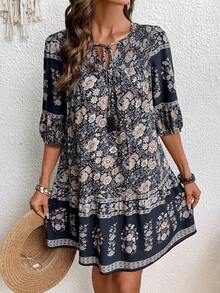 Breezaya 女士时尚印花灯笼袖系领连衣裙度假沙滩装 - 黑色 - 查看 5