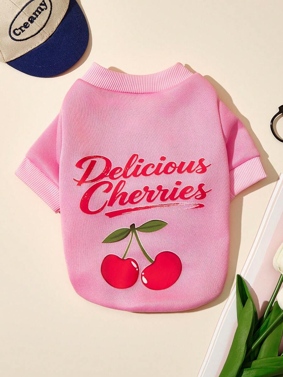 PETSIN 1 Piece Of Cherry Print Pet Pink Sports Style Thick And Warm Spring And Autumn Pet Clothing With Letters - Pink - View 1
