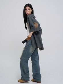 DAZY 女士单排扣做旧休闲百搭日常牛仔衬衫 - 藍色 - 查看 10