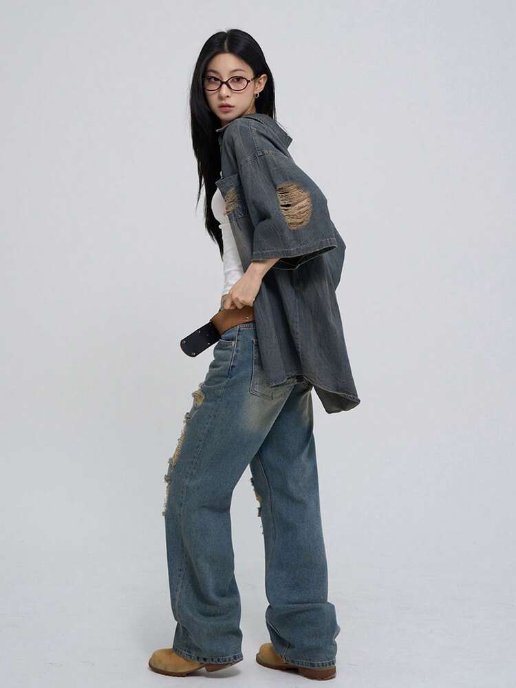 Women's Single-Breasted Distressed Casual Versatile Everyday Denim Shirt Summer