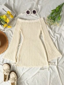 SHEIN 青少年女孩純色露肩喇叭袖鏤空罩衫洋裝 - 白色 - 查看 1