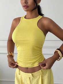 Slaydiva Casual Pale Yellow Tank Top And Wide Leg Pants 2 Pieces Set, Summer - Yellow - View 4