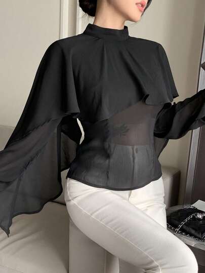 Livesso Áo sơ mi nữ cổ cao ôm dáng màu đen thanh lịch bằng vải chiffon.