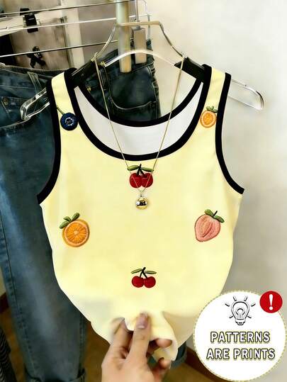 1pc Tween Girl Allover Fruit Print Sleeveless Top, Black Trim Decor, Versatile Layering Piece For All Seasons