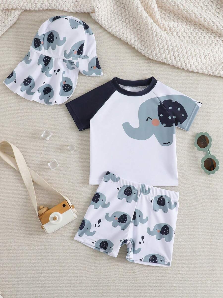 3件套男婴夏季防晒衣套装，恐龙印花，含防晒帽 - 彩色 - 查看 1