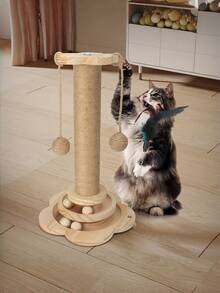 1PC Tall Wooden Multifunctional Cat Scratching Post Two Level Track Ball Interactive Feather Toy Hanging Balls Durable Mess Free Indoor Cats Kittens Adults Pet Supplies - Brown - View 7