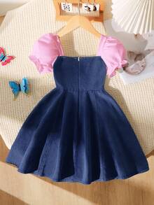 SHEIN Playful Pals 女童夏季韩版3D蝴蝶结牛仔连衣裙，适合女孩日常休闲穿着和上学穿着 - 粉色 - 查看 3