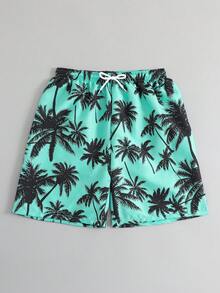 SHEIN 一件青少年男童泳衣，绿色底黑色棕榈树印花，松紧腰带配抽绳设计，梭织面料，时尚休闲，适合游泳、夏季度假、海滩、泳池派对等场合。 - 薄荷綠 - 查看 7