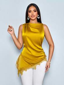 SOLERSUN Áo kiểu nữ tối giản thanh lịch cổ cao, viền ren đen, vạt áo bất đối xứng, chất liệu satin, không tay. - Màu vàng - Xem 3