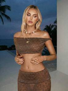 SHEIN ICON Blusa corta de hombros descubiertos de unicolor, versátil y elegante para una cita - Marrón - Ver 6