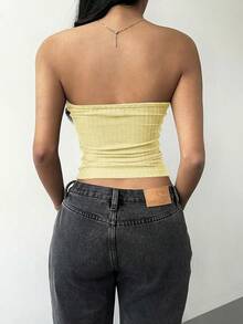 SHEIN BASICS 女士休闲纯色针织修身抹胸上衣 - 黃色 - 查看 3