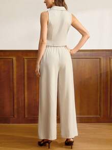 Vintamour Vintage Elegant Women's Suit Set Light Beige,Summer Lapel Metal Button Vest With Pockets & Casual Trousers,Office Work Wear Vacation Outfit Sets - Beige - View 7