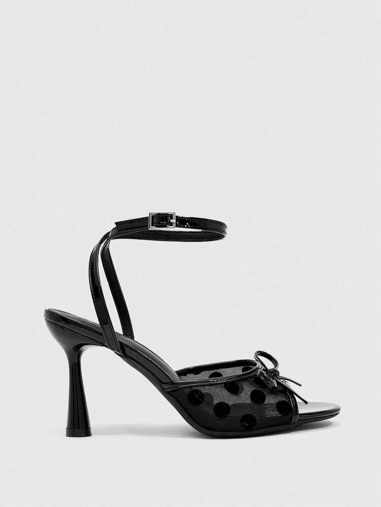 CUCCOO SZL Women's Mesh Bow Tie Decor High Heel Sandals, Fashionable Versatile Sexy Stilettos For Summer Spring Shoes Prom Heels