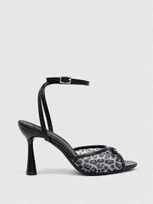 CUCCOO SZL Women's Mesh Bow Leopard Print High Heel Sandals, Fashionable Versatile Sexy Stiletto Heels For Summer Summer Shoes - Black - View 2