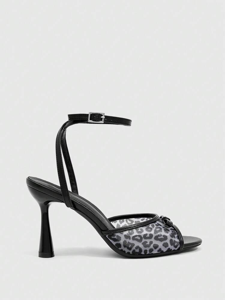 CUCCOO SZL Women's Mesh Bow Leopard Print High Heel Sandals, Fashionable Versatile Sexy Stiletto Heels For Summer