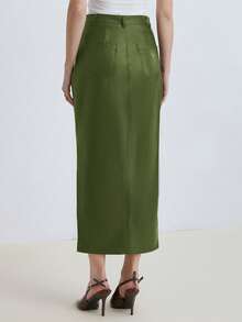 Aveloria Modichic Women's Solid Color Pocket Button Slit Design Casual Versatile Date Outing Skirt - Army Green - View 2