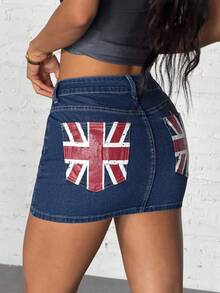 StreetHx Women's Union Jack Pattern Pocket Casual Bodycon Denim Mini Skirt - Blue - View 1