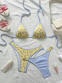 Swim Mod 花卉拼接三角比基尼套装，海滩度假泳装 - 彩色 - 查看 3