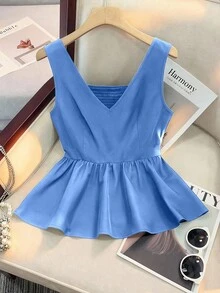 SHEIN Franclia 女士褶皱时尚工作通勤派对毕业日常修身吊带背心 - 藍色 - 查看 1