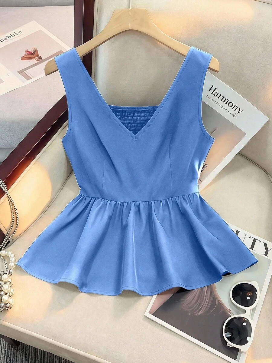 SHEIN Franclia 女士褶皱时尚工作通勤派对毕业日常修身吊带背心 - 藍色 - 查看 1