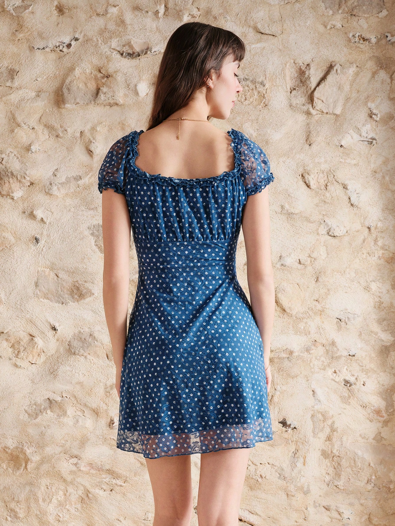 Vintage Mini Fitted Blue Jacquard Dress With Polka Dots Ruffle Details And Short Puff Sleeves Spring Summer French Style Parisian Style Polkadot Dress