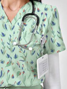 TaskEZ Leaf Plant Cartoon Print V-Neck Short Sleeve Pocket Hanging Ear Split Design Women 2-Piece Set, Spring/Summer Nurse Scrub, Pants Casual Suit, Scrub Set - Multicolor - View 6