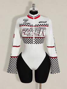 SHEIN ICON Áo liền thân cỡ lớn dành cho nữ, họa tiết kẻ caro kiểu xe đua, màu đỏ ôm sát. - trắng - Xem 3