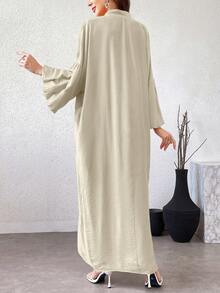 Yasmyna Women's Solid Color V-Neck Knotted Ruched Casual Party Travel Arabic Style Dress - Apricot - View 2