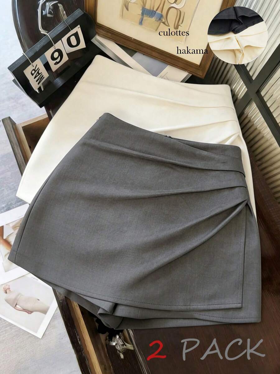 SHEIN Franclia Set 2 piese fustă și pantaloni scurți asimetrici, elegantă, casual, primăvară/vară, ușoară, confortabilă, înfășurată, asimetrică, gri închis și alb, pantaloni scurți, fuste mini pentru femei, fuste coreene, fuste pentru femei, talie înaltă, seturi fustă-short, pantaloni culotte, fustă-short pentru femei, fustă pentru birou, pantaloni scurți, haine de lucru pentru femei pentru birou, fustă de lână Hakama, fuste pentru femei, fuste simple, fuste pentru femei - Multicolor - Vizualizare 1