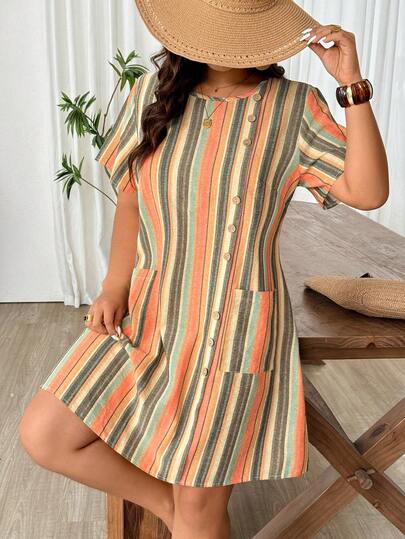 Weeklong Plus Size Women's Spring/Summer Striped Textured Skin-Friendly Orange Dress, Vintage Textured Fabric, Butterfly Sleeve Decor, Casual Shirt, Shorts, Striped Commuter Casual Button Design Mid-Length Dress, Suitable For Graduation, Holidays, Valentine's Day, Music Festivals, Mother's Day, Halloween, Thanksgiving, Easter, National Day, Balls, Dates, Parties, Weddings, Outings, Etc.