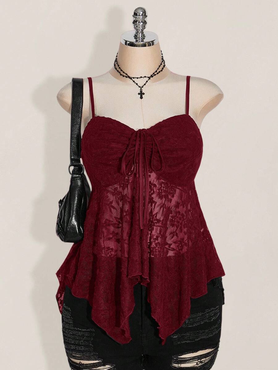 SHEIN ICON 大码女式打结蕾丝荷叶边不对称下摆休闲百搭约会之夜吊带背心 - 酒紅色 - 查看 1