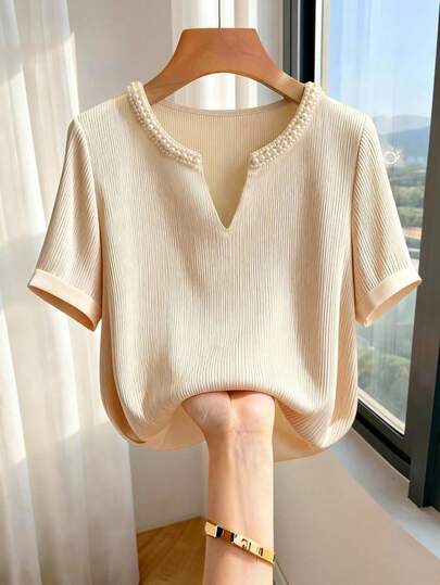 Franclia Women's Spring/Summer New Elegant And Casual Round Neck Pearl Knit Fitted Versatile Short-Sleeve T-Shirt, Women's Elegant T-Shirt, Summer Women's T-Shirt, Summer Outfit, Beach Outfit, Beach T-Shirt, Outdoor T-Shirt, Women's Vacation Outfit, Vacation T-Shirt, Women's Casual T-Shirt, Apricot T-Shirt, New Summer Women's T-Shirt