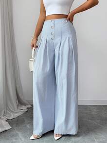 SHEIN Elenzya Women's Elegant Casual Minimalist Commuting Office Daily Vacation High Waist Wide Leg Straight Blue And White Striped Loose Cotton Striped Button Front Pleated Wide Leg Pants, Versatile Summer Trousers - Blue - View 4