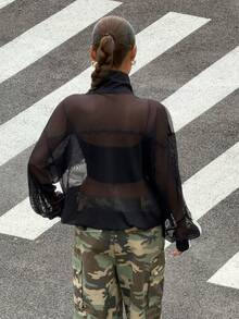 Muchica 女士黑色条纹网眼薄外套，带纽扣设计 - 黑色 - 查看 2