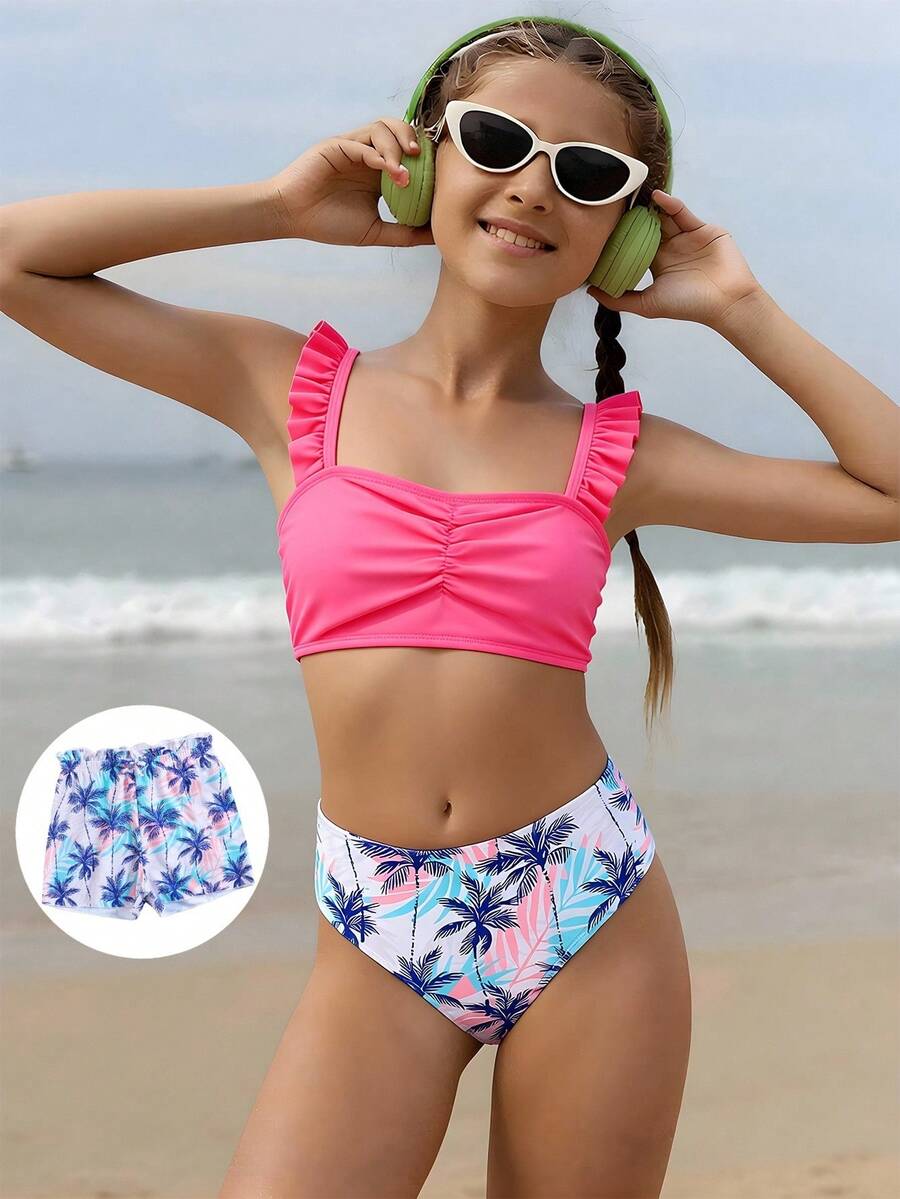SHEIN Conjunto de 3 piezas de bikini con volantes y estampado tropical aleatorio para niñas, adecuado para la playa, la natación, las vacaciones y el verano