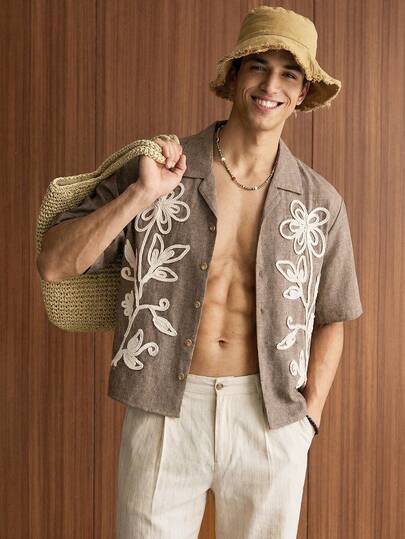 SWAVVY 男士印花单排扣休闲通勤短袖衬衫，春夏款