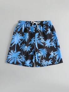 SHEIN 一件青少年男童泳衣，黑色底蓝色棕榈树印花，松紧腰带+抽绳设计，梭织面料，时尚休闲，清凉舒适，适合游泳、夏季度假、海滩、泳池、节日派对等场合。 - 藍色 - 查看 7