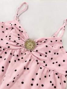 INAWLY 女士复古白色波点V领无袖连衣裙，饰有褶皱花卉图案，层叠泡泡裙摆，优雅法式风格，适合海滩度假、性感派对、音乐节、情人节、约会等场合，休闲浪漫迷你连衣裙 - 粉色 - 查看 3