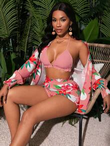 Lunelith SHEIN Lunessa Conjunto de 3 piezas de camisa con estampado floral, shorts y top halter para vacaciones - Multicolor - Ver 6