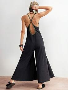 Bohemela Mono de pierna ancha de punto de unicolor casual para mujer - Negro - Ver 7