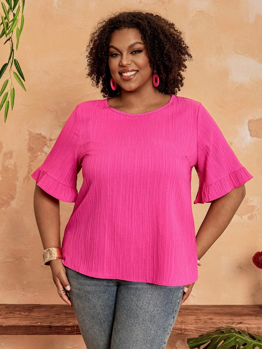 BrightlyHer Áo cánh tay ngắn cỡ lớn đơn giản thời trang thường ngày cho kỳ nghỉ xuân hè, trang phục phương Tây, áo hồng xuân/hè - Màu Hồng Tươi - Xem 1