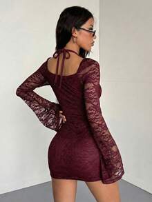 SHEIN HypeZone Streetwear Women's Punk Style Lace Halter Sexy Fashion Short Long Sleeve Dress - Burgundy - View 2