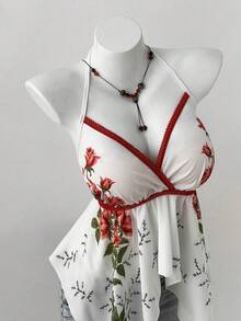 Sunspun 大码女式碎花不对称下摆露背吊带背心，春夏款 - 橘色 - 查看 4