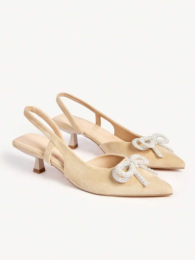 CUCCOO CHICEST Women's High Heel Pumps With Pearl, Rhinestone Bow Accent, Pointed Toe, Faux Suede, Elegant & Romantic, Suitable For Wedding, Bridesmaid, Formal Occasions, Wedding Shoes Summer Shoes Bride Shoes