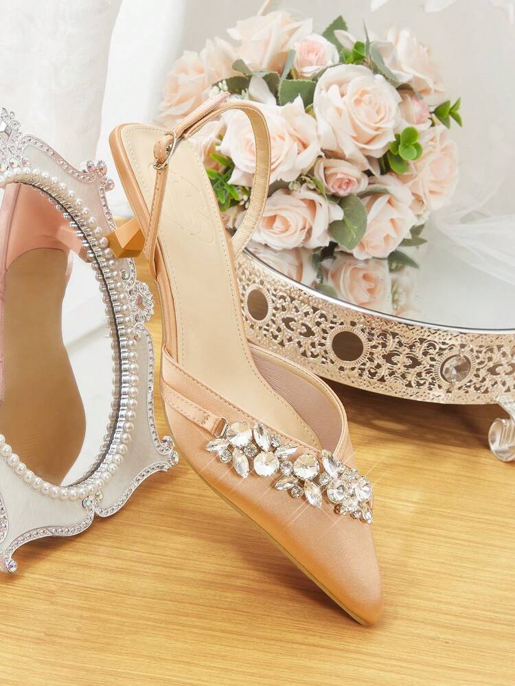 CUCCOO HITCHD Women's Shoes Spring And Summer New Pointed Kitten Heel Short Heel Rhinestone Chain V-Shaped Shoe Mouth Orange Pink Satin Women's High Heel Shoes Slingbacks Bridal Shoes Wedding Dinner Party