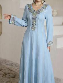 Al Najma Embroidered Lace Patchwork Elegant Modest Long Sleeve Dress - Blue - View 2